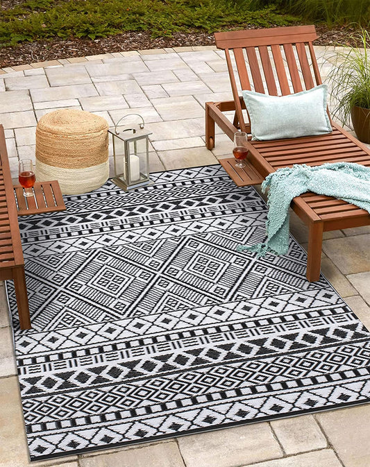 Relic Premium Stain Proof Rain Proof Lightweight Reversible Plastic Crease Free Outdoor Rug (8X10, Black/White)