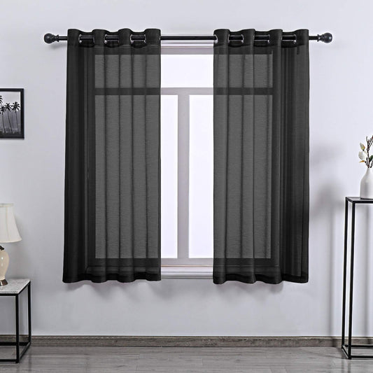 Jet Black Textured Sheer Curtains Short Sheer Window Curtain Grommet Top Panels for Bathroom 52 by 45 Inch 2 Panels