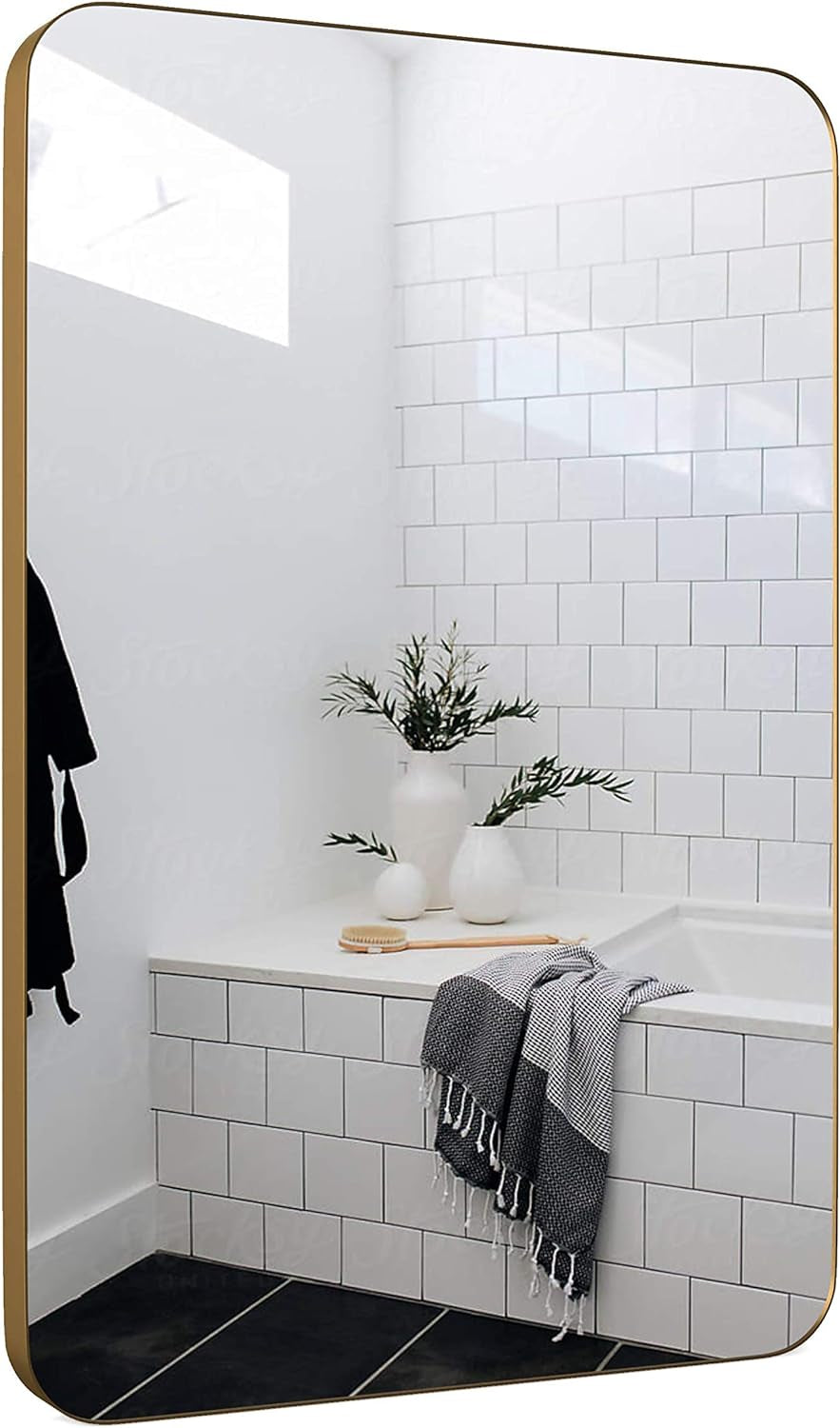 Large Bathroom Mirrors for Wall - Modern Rectangular Mirror with Seamless Metal Mirror Frame - Easy to Install, Mounting Hardware Included (Gold, Slim Lip 36"X24")