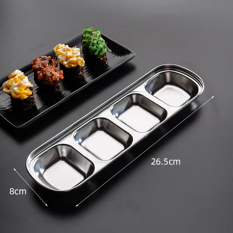 Stainless Steel Divided Dip Bowls Sauce Plate Seasoning Dipping Condiment Tray for BBQ Vinegar Spice Ketchup Salt Sugar Flavor