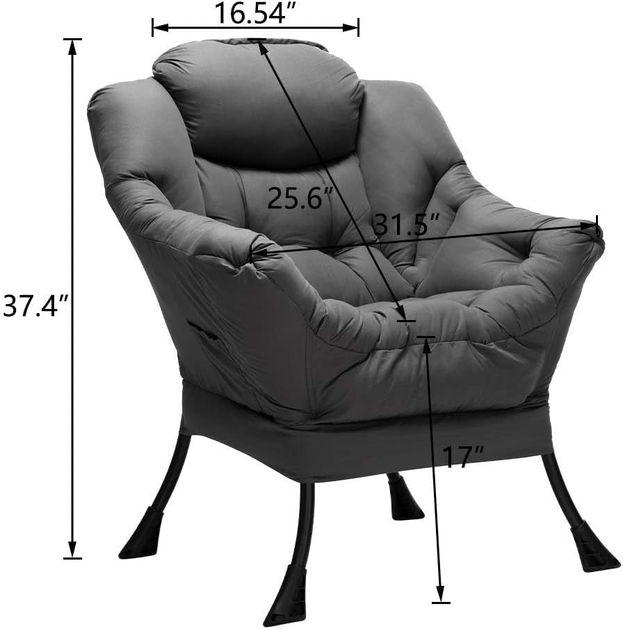 Modern Fabric Large Lazy Chair, Accent Oversized Comfy Reading Chair, Thick Padded Cozy Lounge Chair with Armrest, Steel Frame Leisure Sofa Chair for Living Room, Bedroom, Dorm, Dark Grey