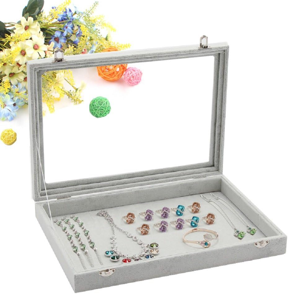 Velvet Jewelry Organizer Empty Jewelry Tray Organizer Jewelry Box Storage Case Display Necklaces Earring Stackable Tray Containers Clear Lid (DIY Box)