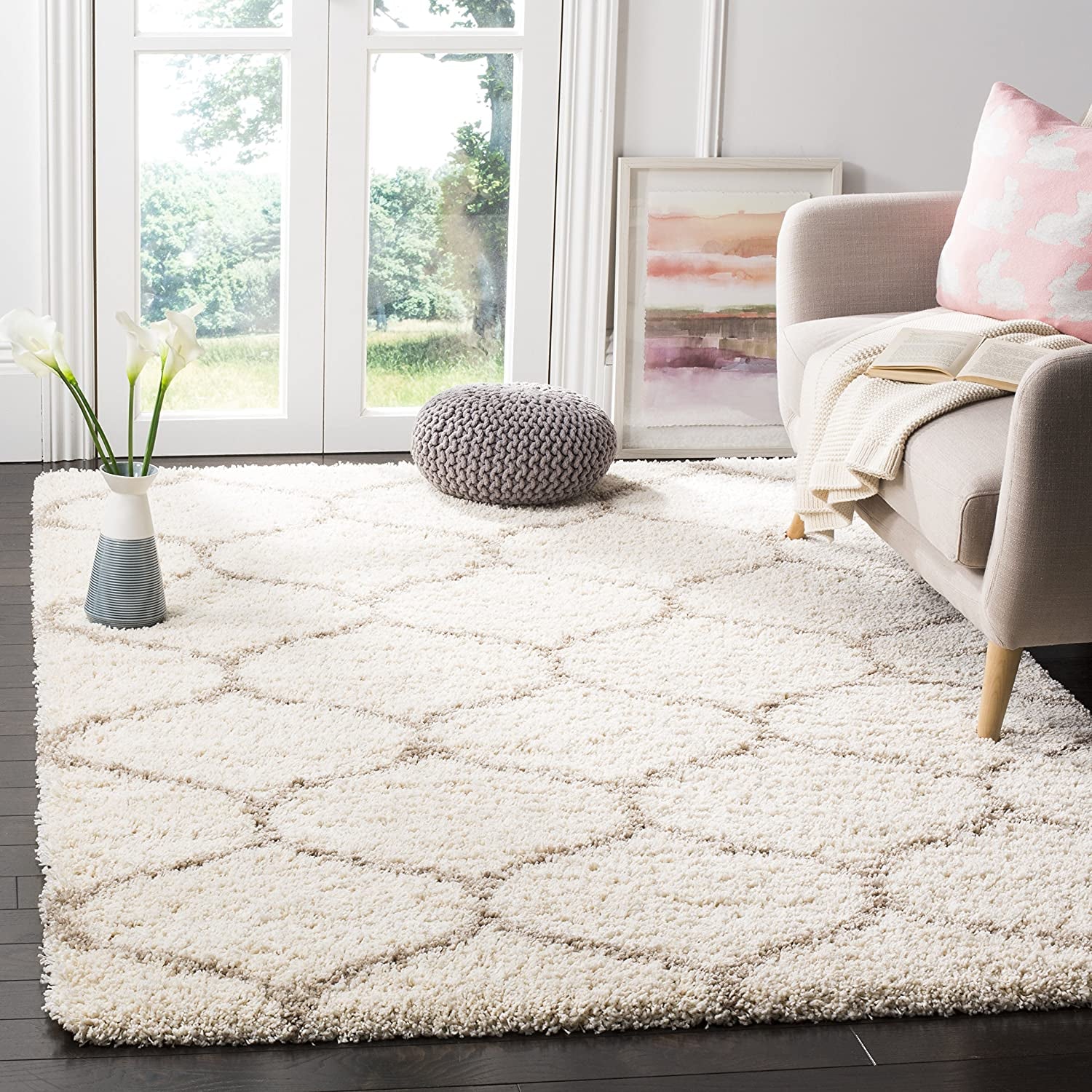 Hudson Shag Collection Area Rug - 8' X 10', Ivory & Beige, Moroccan Ogee Trellis Design, Non-Shedding & Easy Care, 2-Inch Thick Ideal for High Traffic Areas in Living Room, Bedroom (SGH280D)