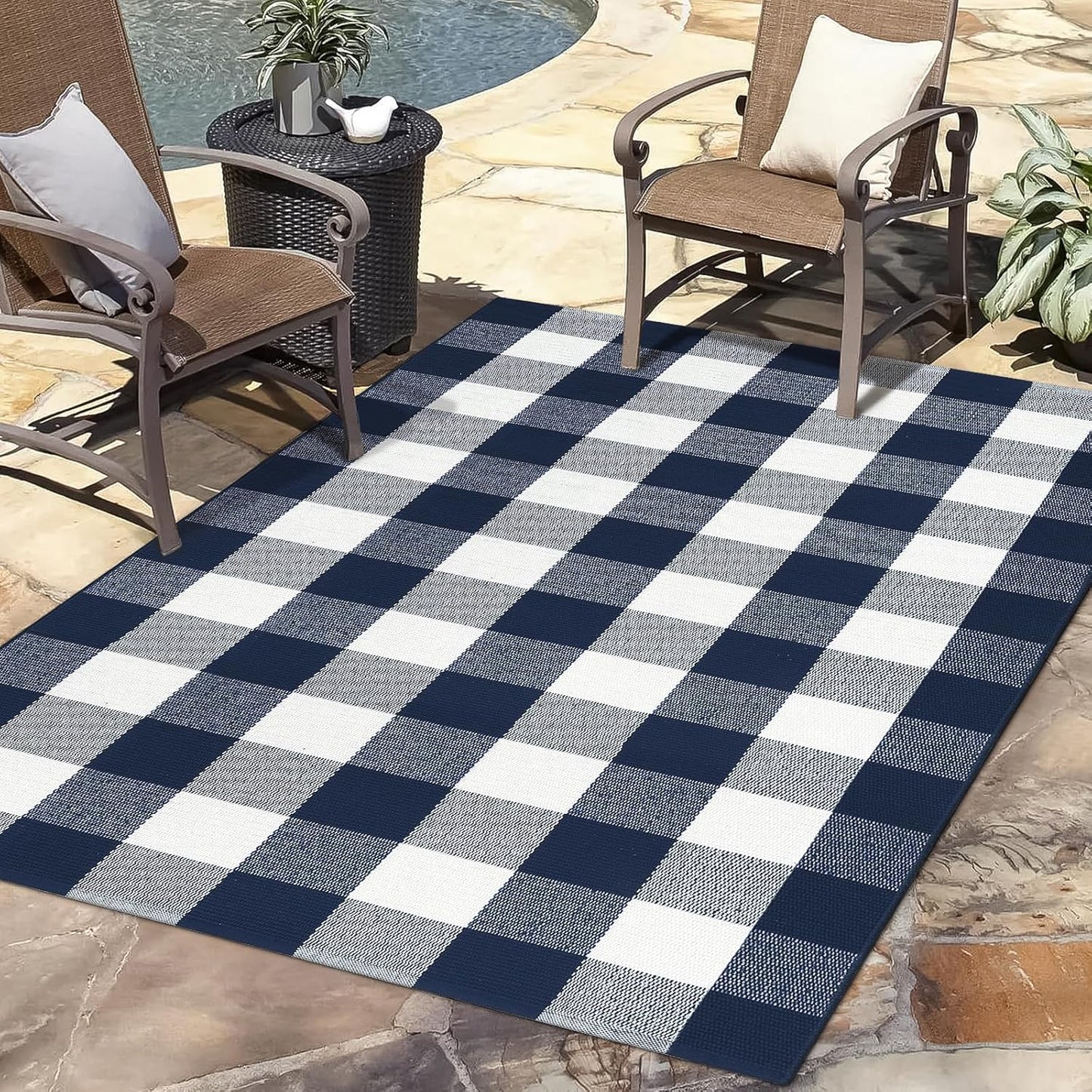 Buffalo Plaid Outdoor Rug, 3X5 Blue and White Checkered Door Mat, Cotton Woven Washable Welcome Mat for Kitchen, Farmhouse Entryway Carpet