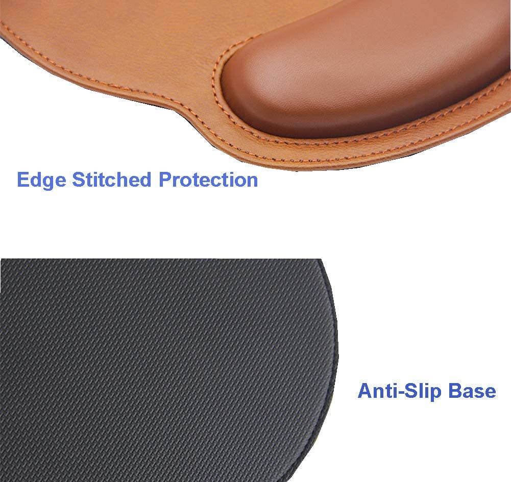 Ergonomic PU Leather Mouse Pad with Wrist Support,Comfort Memory Foam,Waterproof Surface，Non- Slip Rubber Base for Computer Laptop & Mac,Lightweight Rest for Home,Office & Travel (Brown)