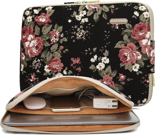 Water-Resistant Canvas 11.6 Inch Laptop Sleeve-Black C Rose