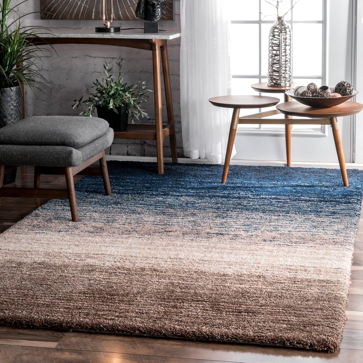 Drey Striped Shag Area Rug - 9X12 Shag Area Rug Casual Navy Multi/Brown Rugs for Living Room Bedroom Dining Room Nursery