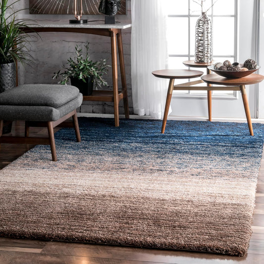 Drey Striped Shag Area Rug - 9X12 Shag Area Rug Casual Navy Multi/Brown Rugs for Living Room Bedroom Dining Room Nursery