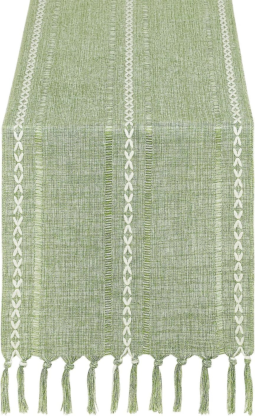 Rustic Farmhouse Style Linen Table Runner, Boho Handmade Tassel Embroidered Table Runners 108 Inches Long for Holiday Party, Christmas and Dining Decorations, 13 X 108 Inch - Sage Green