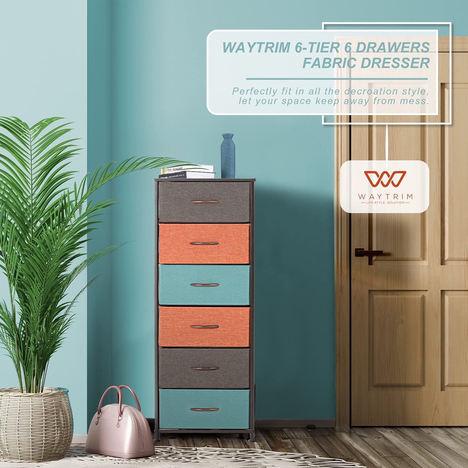 Vertical Dresser Storage Tower with 6 Drawers, Fabric Organizer Dresser Tower for Bedroom, Hallway, Entryway, Closets - Brown, Orange, Green