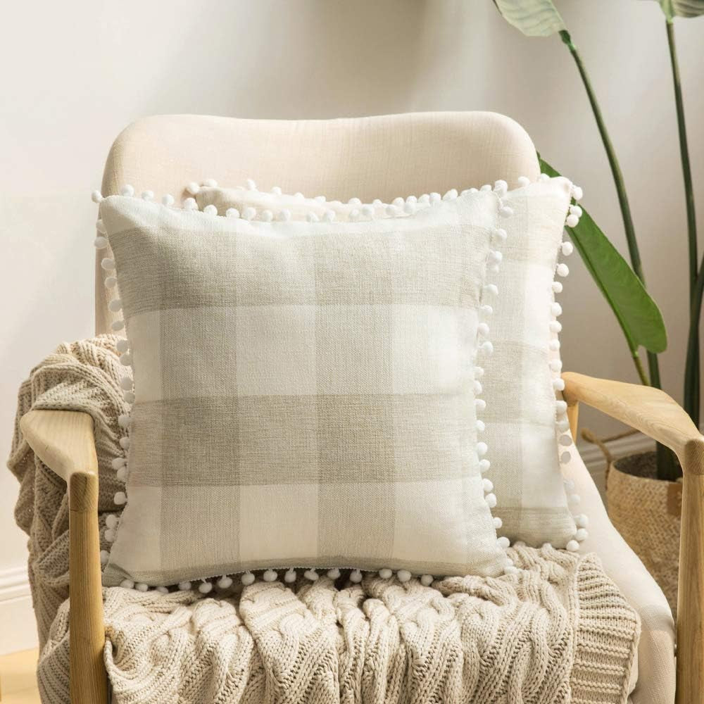 Set of 2 Throw Pillow Covers 16X16 Inch Buffalo Plaid Check Pillow Covers with Pom-Poms Decorative Couch Throw Pillows Farmhouse Cushion Cases for Sofa Cream and Beige