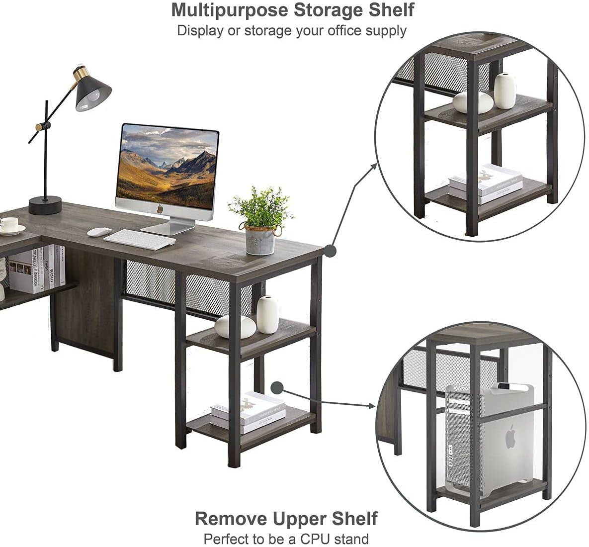 L Shaped Computer Desk, Industrial Home Office Desk with Shelves, Reversible Wood and Metal Corner Desk (Walnut Brown, 59 Inch)