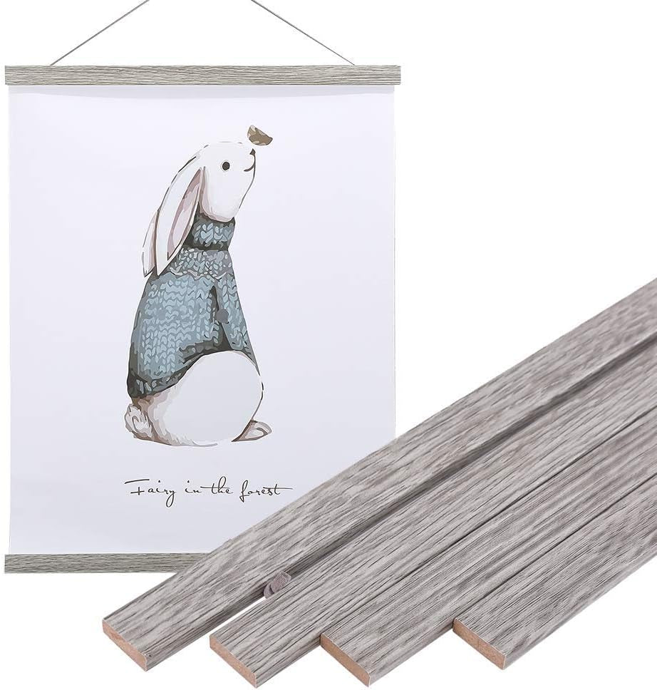 2 Pack Magnetic Poster Hanger Frame, 11X14 11X17 11X22 Light Wood Wooden Magnet Canvas Artwork Print Dowel Poster Hangers Frames Hanging Kit (Grey, 11", 2 Packs)