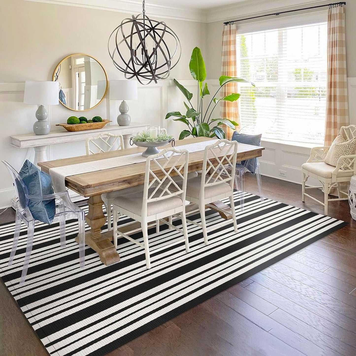 Black and White Striped Rug Outdoor 5'X7', Cotton Hand-Woven Riviera Striped Door Mat, Reversible Foldable Washable Outdoor Rug Stripe for Layered Door Mats Porch/Front Door (60X83In)