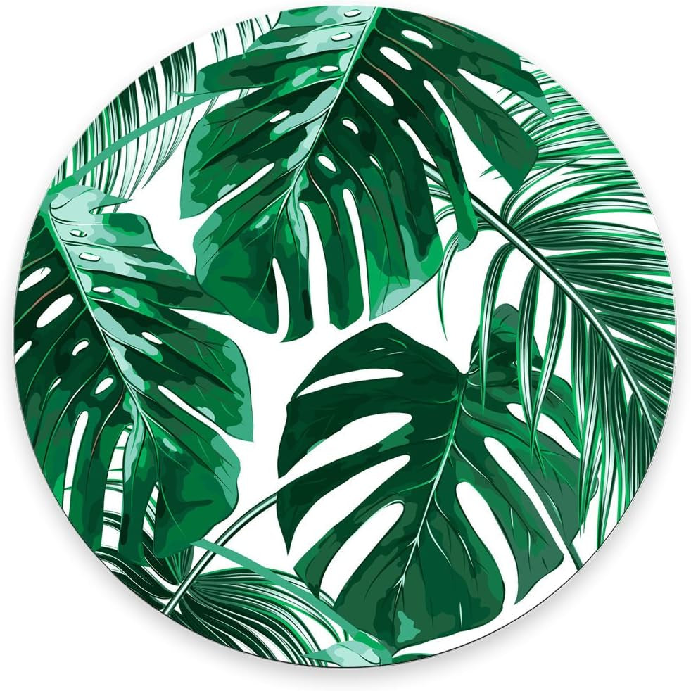 Tropical Leaf Mousepad - Mat - Beautiful Design - Leaves Green with White Background - round Mouse Pad