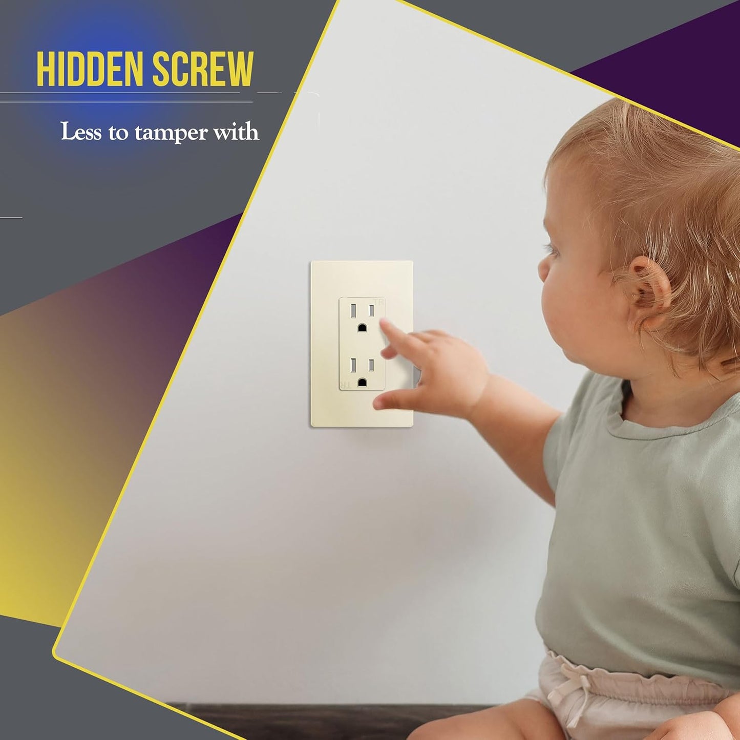 Screwless Decorator Wall Plates Child Safe Outlet Covers, Size 1-Gang 4.68" H X 2.93” L, Unbreakable Polycarbonate Thermoplastic, SI8831-LA, Glossy, Light Almond