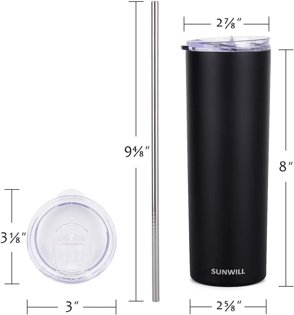 Straw Tumbler Skinny Travel Tumbler with Lid, Vacuum Insulated Double Wall Stainless Steel 20Oz for Coffee, Tea, Beverages, Black