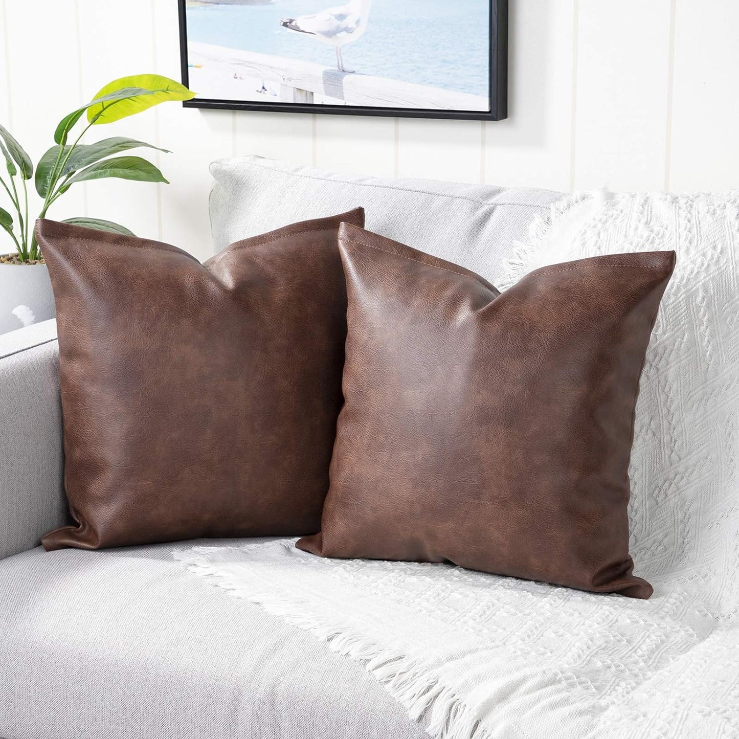 Set of 2 Faux Leather Decorative Throw Pillow Covers Modern Solid Outdoor Cushion Cases Luxury Pillowcases for Couch Sofa Bed 22X22 Inches Dark Brown