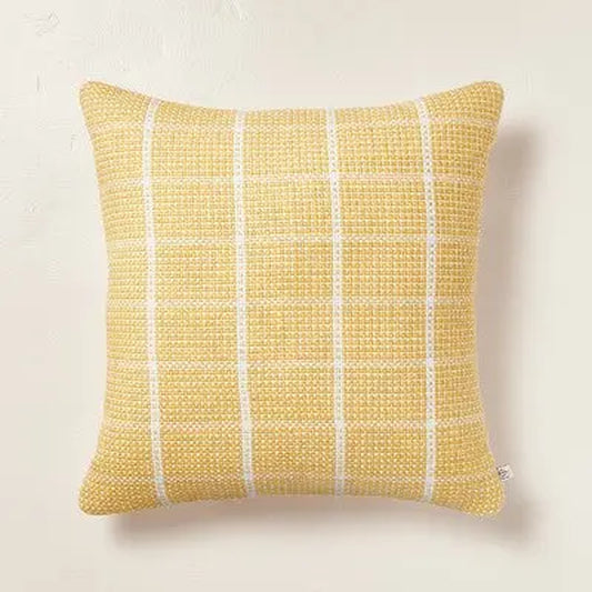 18"X18" Textured Grid Lines Indoor/Outdoor Square Throw Pillow Gold/Cream - Hearth & Hand with Magnolia