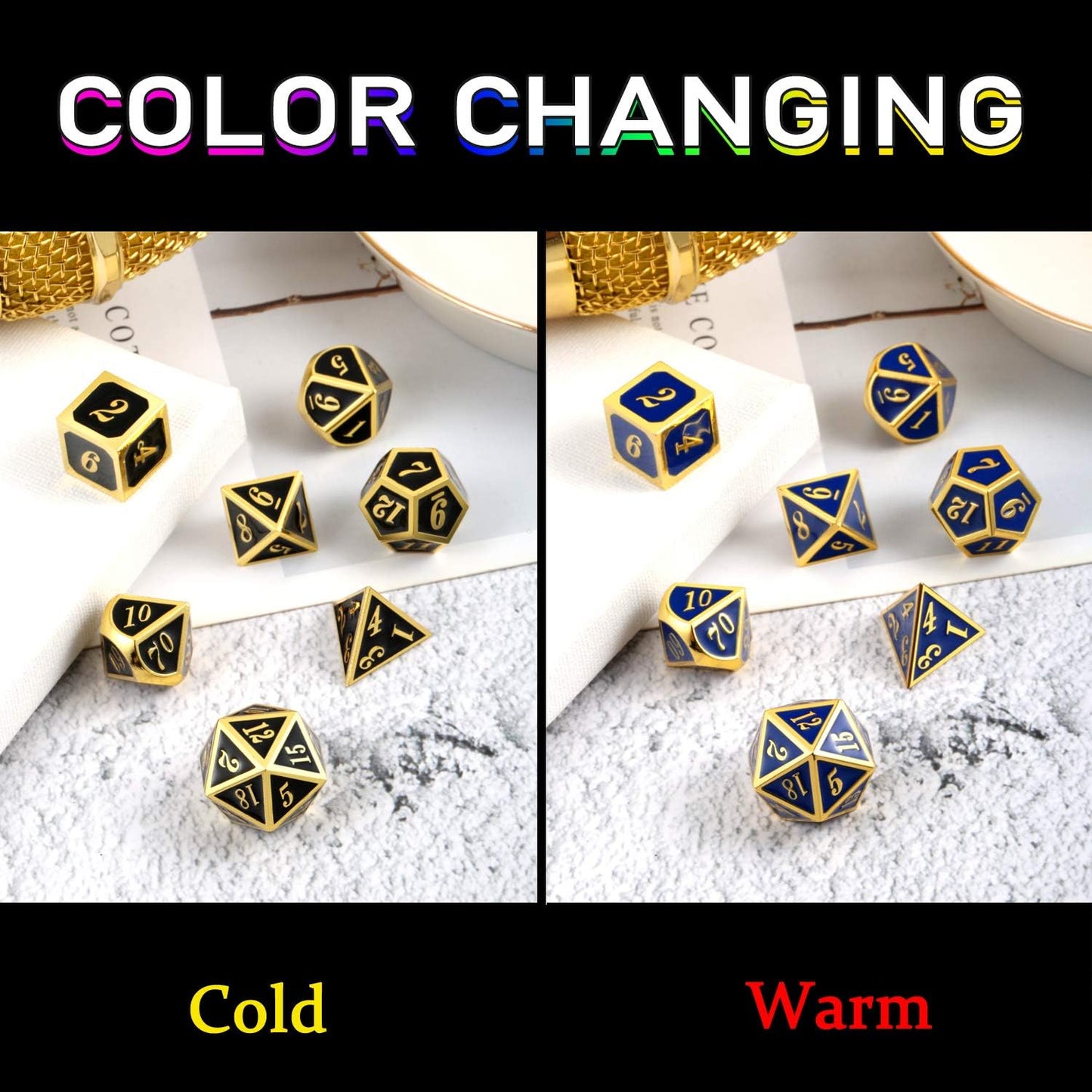 D&D Game Metal Dice Set,  Color Changing Mettallic Dice with Free Metal Tin for DND Dungeons and Dragons Role Playing Table Games (Glod Number with Black to Blue)