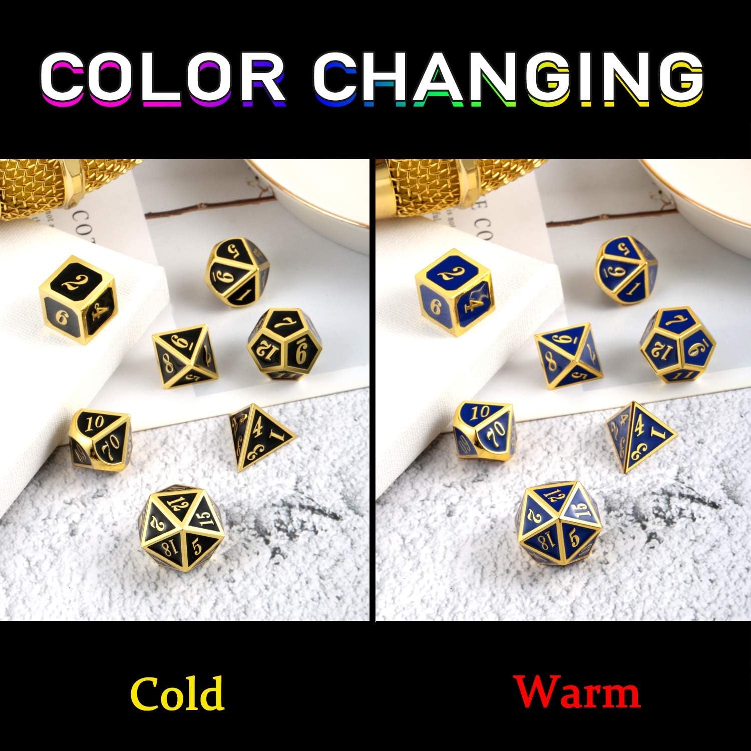 D&D Game Metal Dice Set,  Color Changing Mettallic Dice with Free Metal Tin for DND Dungeons and Dragons Role Playing Table Games (Glod Number with Black to Blue)