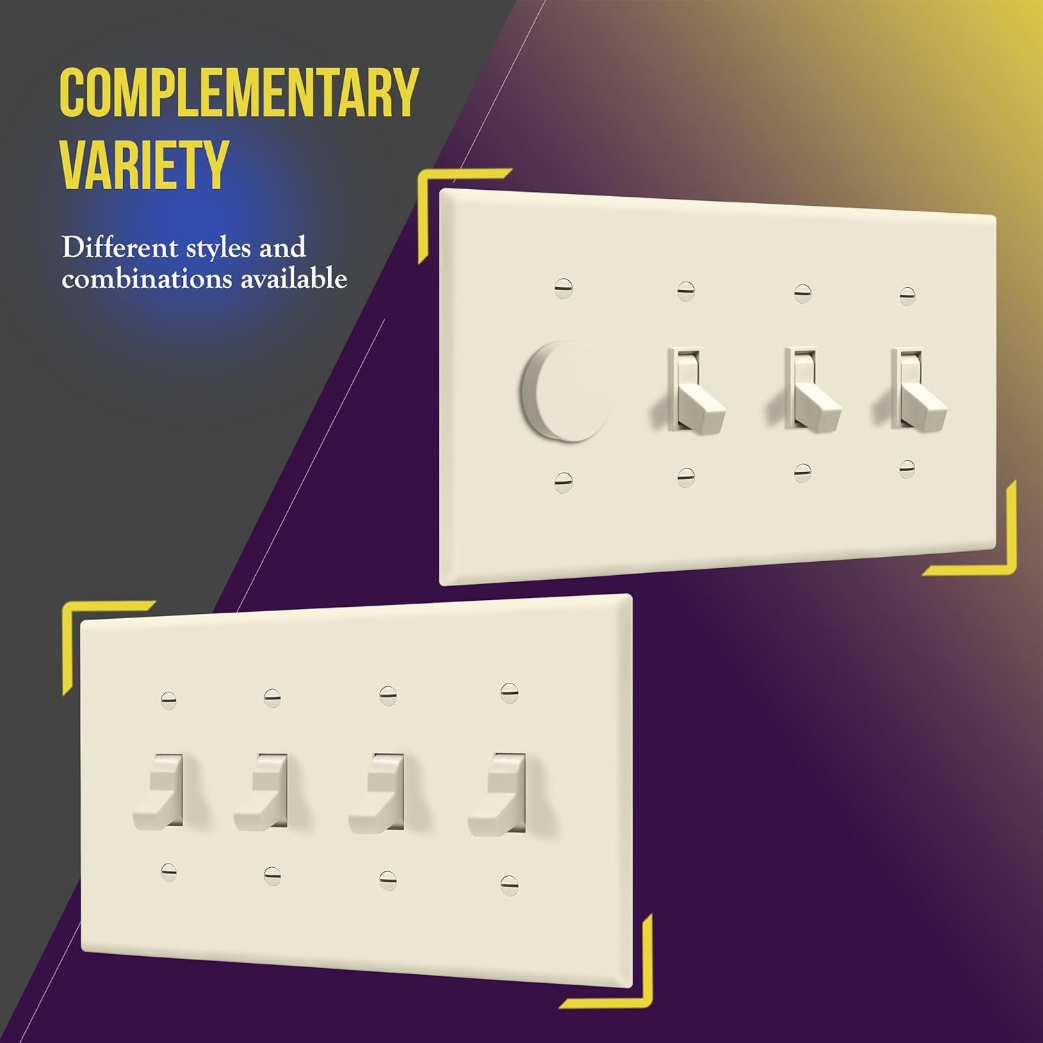 Quad Light Switch Wall Plate, Toggle Switch Plate, Gloss Finish, 4-Gang Mid-Size 4.88" X 8.58", Unbreakable Polycarbonate Thermoplastic, 8814M-LA, Light Almond