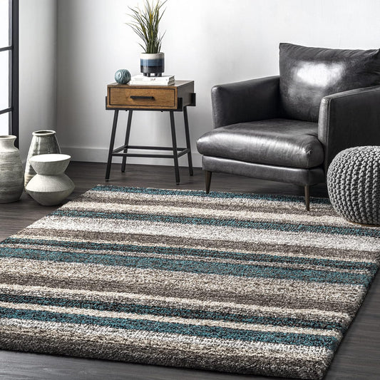 Drey Striped Shag Area Rug - 12X15 Shag Area Rug Casual Blue Multi/Brown Rugs for Living Room Bedroom Dining Room Nursery