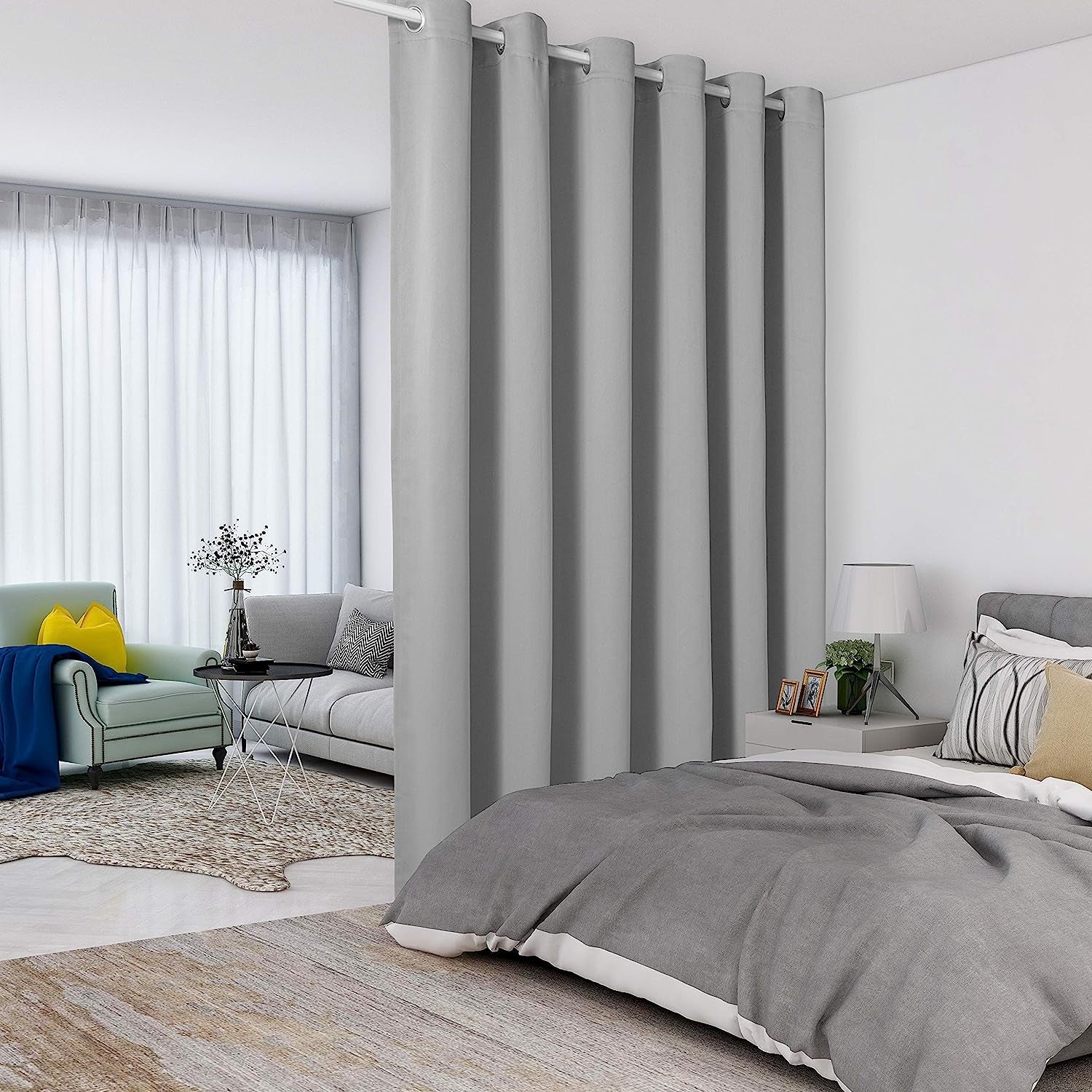 Silver Room Divider Curtains - Total Privacy Wall Room Divider Screens Sound Proof Wide Blackout Curtain for Living Room Bedroom Patio Sliding Door, 1 Panel, 8.3Ft Wide X 7Ft Tall