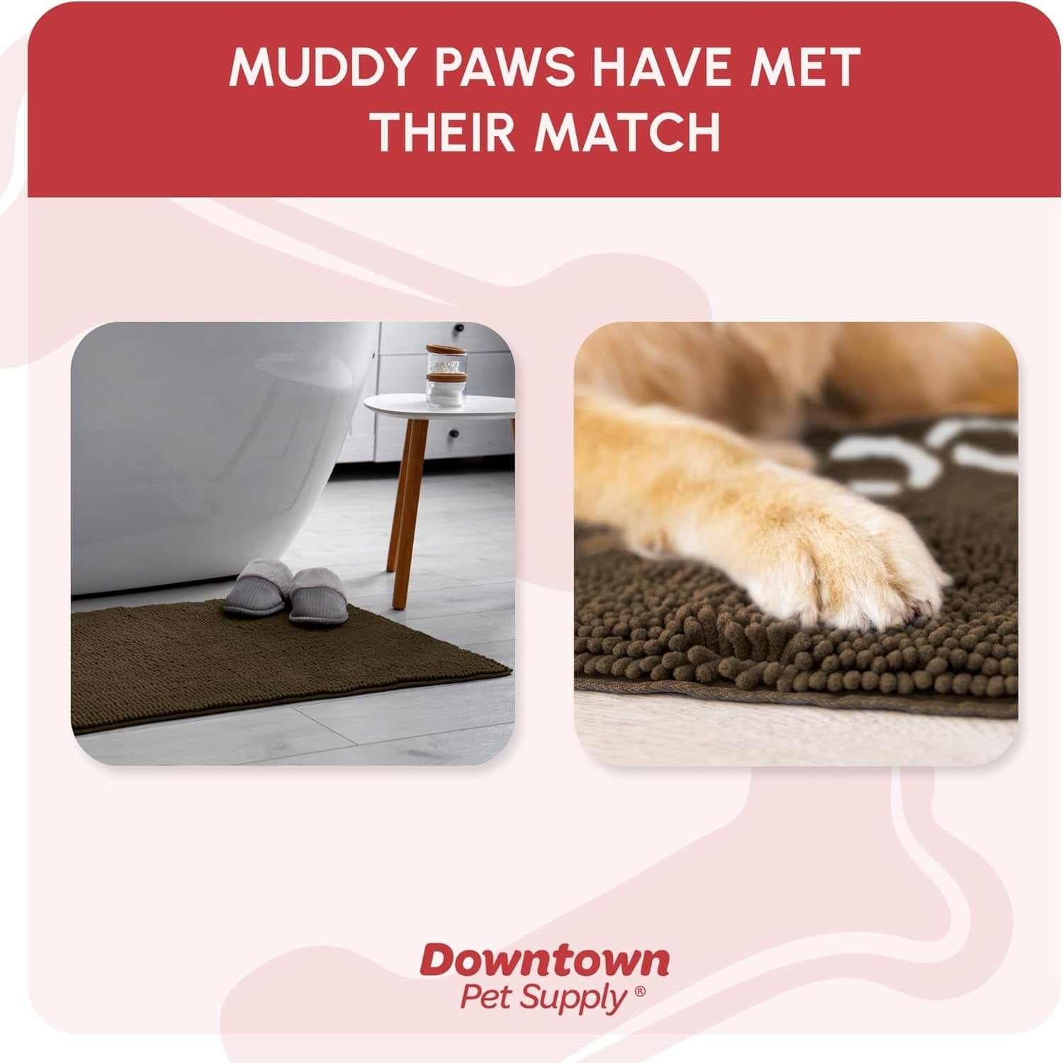 Microfiber Dog Mat for Muddy Paws, 36" X 26" Brown with Paw Print - Absorbent and Quick-Drying Dog Paw Cleaning Mat, Washer and Dryer Safe - Non-Slip Rubber Backed Pet Mat, Large