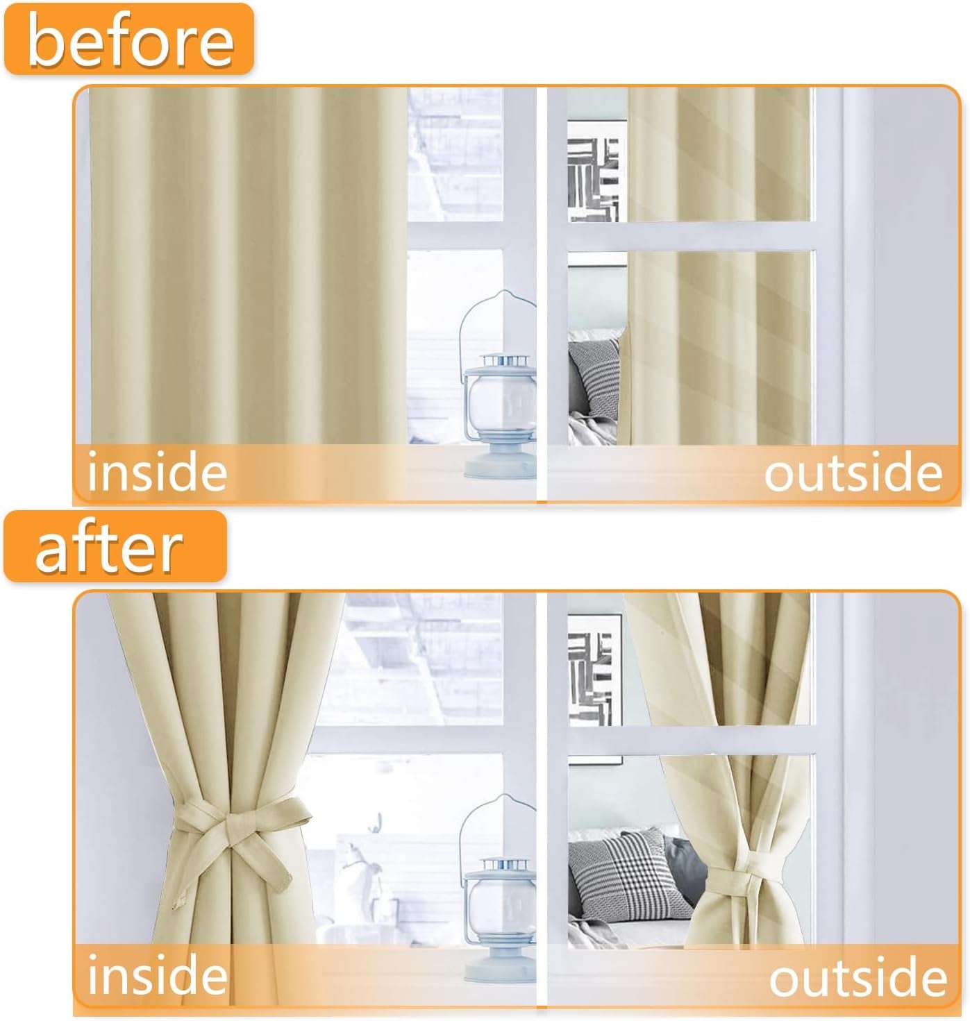 Blackout Curtains for Bedroom, 42 X 84 Inches Long - Thermal Insulated & Light Blocking Window Curtains for Living Room, 2 Drape Panels Sewn with Tiebacks, Light Beige