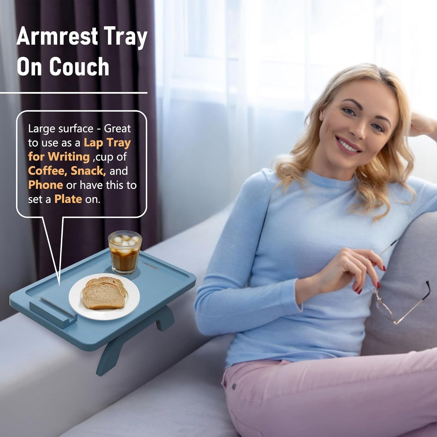 SINWNAT Couch Arm Tray, Bamboo Sofa Arm Clip on Tray Table,Sofa Armrest Tray with 360° Phone Holder,Sofa Arm Table for Eating and Drinking Table