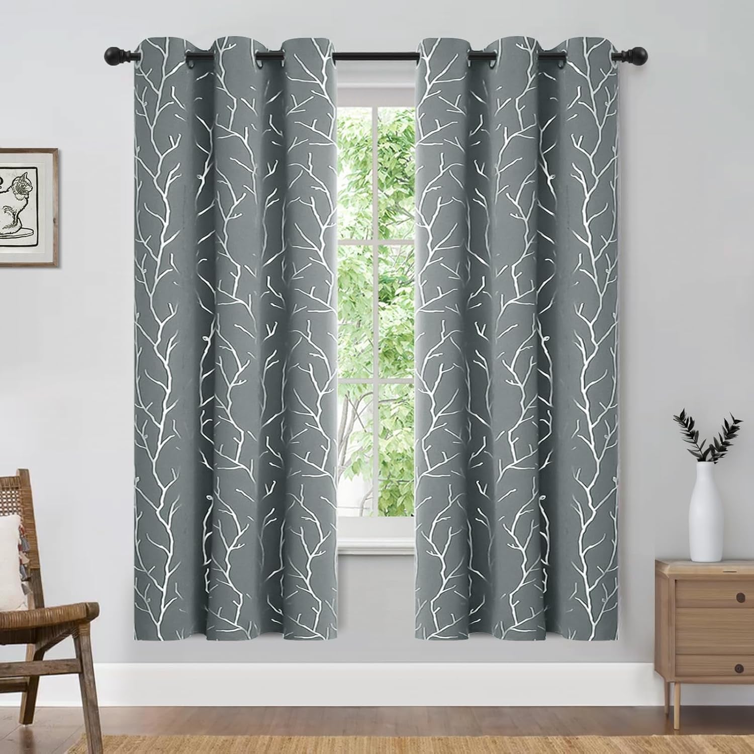 Light Grey Blackout Bedroom Curtains, Black Out Curtains 63 Inch Long 2 Panels, Window Curtains Panels, Windproof Elegant Tree Branches Silver Print Drapes 38W X 63L