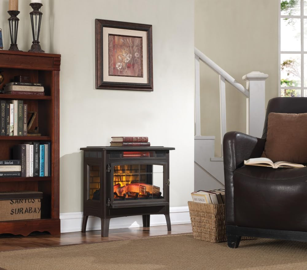 Freestanding Electric Fireplace Stove Heater with 3D Flame Effect for 1,000 Sq. Ft, Bronze