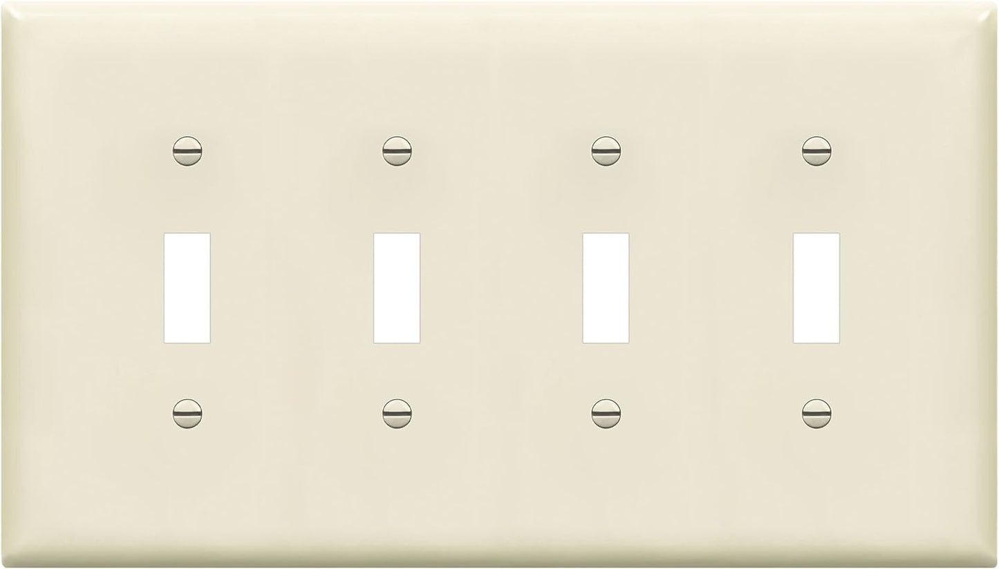 Quad Light Switch Wall Plate, Toggle Switch Plate, Gloss Finish, 4-Gang Mid-Size 4.88" X 8.58", Unbreakable Polycarbonate Thermoplastic, 8814M-LA, Light Almond