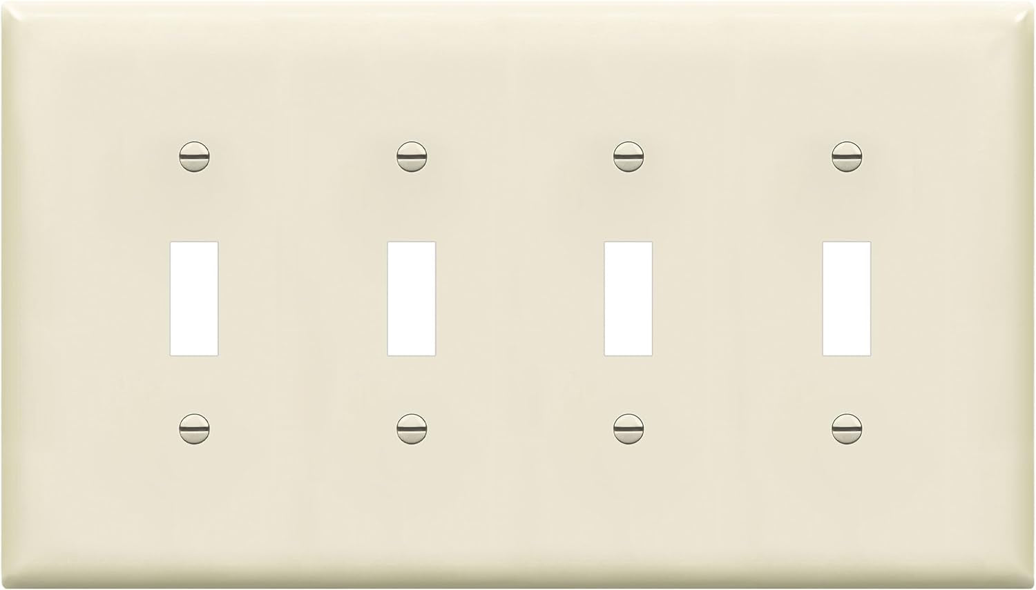 Quad Light Switch Wall Plate, Toggle Switch Plate, Gloss Finish, 4-Gang Mid-Size 4.88" X 8.58", Unbreakable Polycarbonate Thermoplastic, 8814M-LA, Light Almond