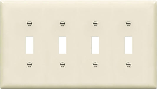 Quad Light Switch Wall Plate, Toggle Switch Plate, Gloss Finish, 4-Gang Mid-Size 4.88" X 8.58", Unbreakable Polycarbonate Thermoplastic, 8814M-LA, Light Almond