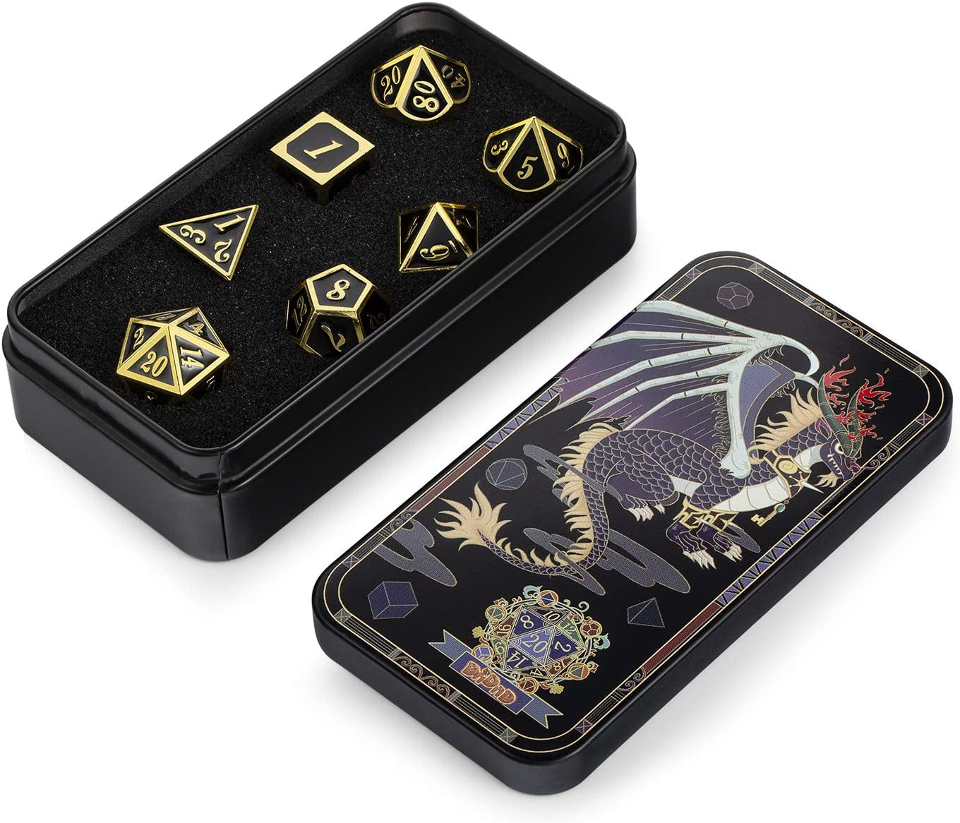 D&D Game Metal Dice Set,  Color Changing Mettallic Dice with Free Metal Tin for DND Dungeons and Dragons Role Playing Table Games (Glod Number with Black to Blue)