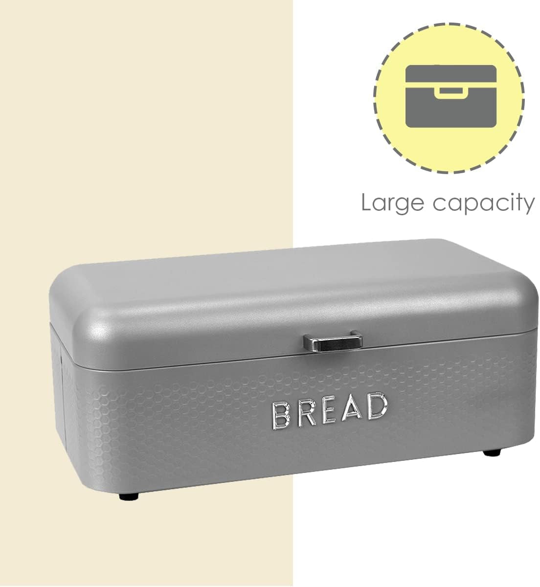 Soho Bread Box for Kitchen Countertop, Metal, (Grey), Vented with Hinge Top | Large Bread Box | Keeps Loaves, Bagels, Croissants Fresh