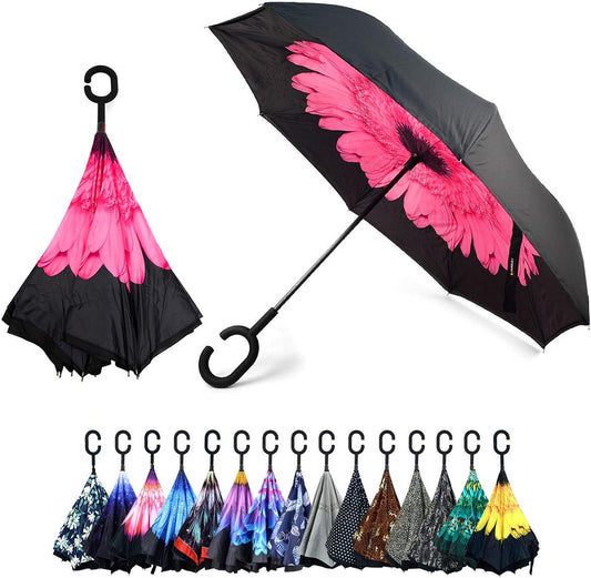 Pink Flower Double Layer Inverted Umbrellas - C Shaped Handle Reverse Folding Windproof Umbrella for Men and Women