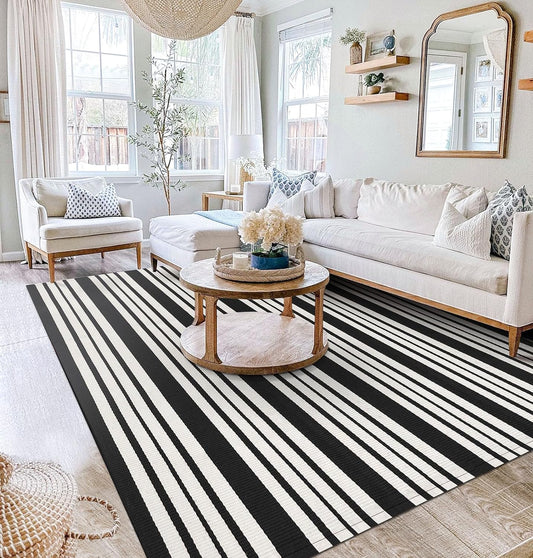 Black and White Striped Rug Outdoor 5'X7', Cotton Hand-Woven Riviera Striped Door Mat, Reversible Foldable Washable Outdoor Rug Stripe for Layered Door Mats Porch/Front Door (60X83In)