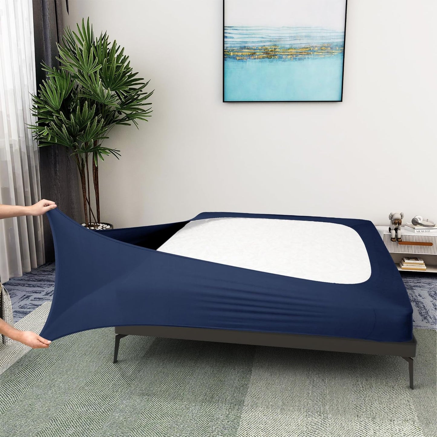 Box Spring Cover Queen Size - Jersey Knit & Stretchy Wrap around 4 Sides Bed Skirts for Hotel & Home - Queen/Cal Queen, Navy