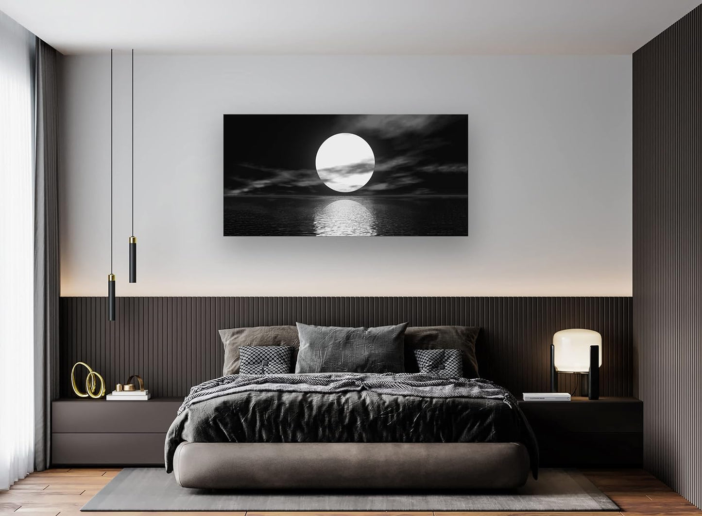 S06450 Wall Art Canvas Sea White Full Moon in Night Picture Canvas Poster Print Black and White Ocean for Living Room Bedroom Kitchen Home Decorations Framed Artwork