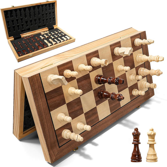 Magnetic Chess Board Set for Adults & Kids, 15" Wooden Folding Chess Boards, Handcrafted Portable Travel Chess Game with Pieces Storage Slots