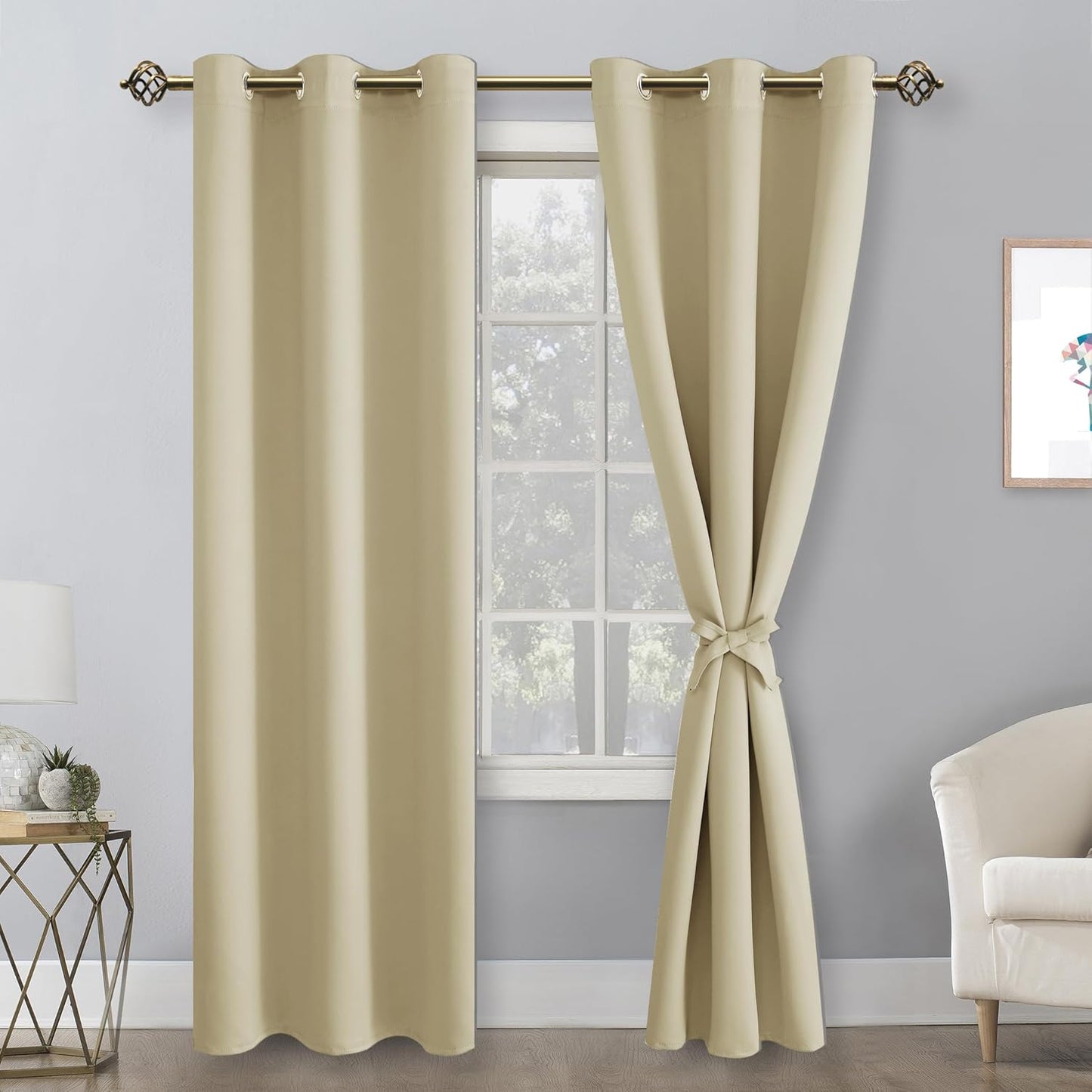 Blackout Curtains for Bedroom, 42 X 84 Inches Long - Thermal Insulated & Light Blocking Window Curtains for Living Room, 2 Drape Panels Sewn with Tiebacks, Light Beige