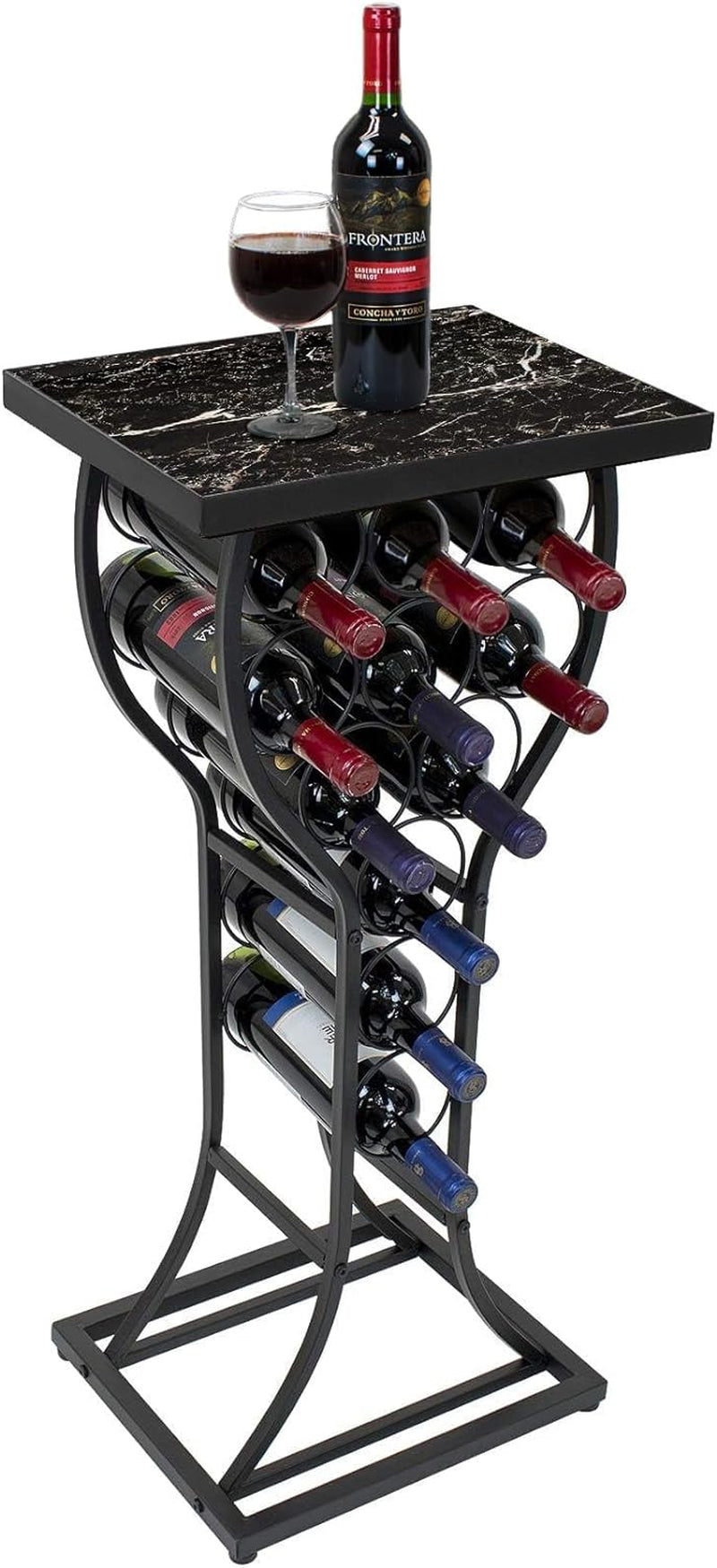 Wine Rack Console for Home Bar - Mini Wine Stand with Faux Black Marble Table Top - Durable Metal Freestanding Wine Storage Cabinet Shelf - Wine Racks Free Standing Floor Holds 11 Wine Bottles