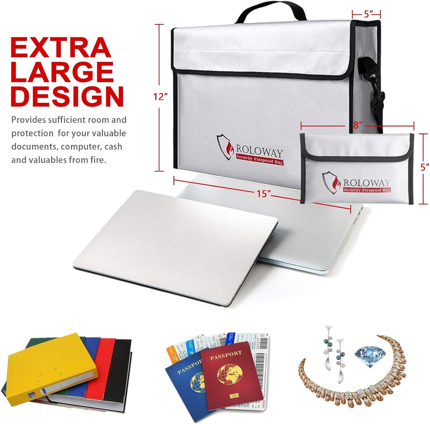 Fireproof Document & Money Bags, Large Fireproof & Water Resistant Bag (15 X 12 X 5 Inches), Fireproof Folder Safe Bag for Cash, Valuables & Passport, with Silicone Coating & Zipper Closure