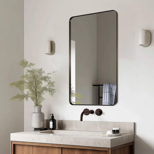 Bronze Bathroom Mirror for Wall, 24X40” Bronze Wall Mirror for Vanity, Rounded Rectangle Mirror, Oil Rubbed Bronze Metal Modern Stainless Steel Frame Mirror Hang Vertically or Horizontally