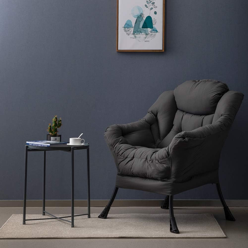 Modern Fabric Large Lazy Chair, Accent Oversized Comfy Reading Chair, Thick Padded Cozy Lounge Chair with Armrest, Steel Frame Leisure Sofa Chair for Living Room, Bedroom, Dorm, Dark Grey