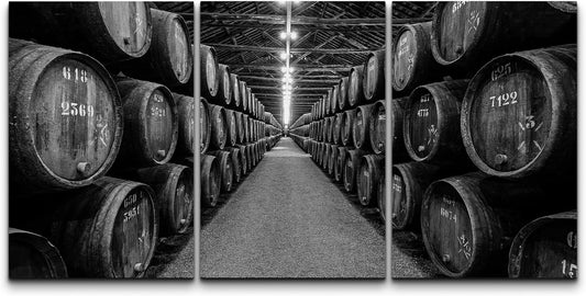 Canvas Print Wall Art Set Retro Vintage Black & White Wine Barrels Winery Drinks & Cocktails Food Photography Scenic Realism Decorative Rustic for Living Room, Bedroom, Office - 24"X36" X 3