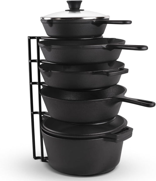 Heavy Duty Pots and Pans Organizer - Extra Large 5-Tier Rack - Holds Cast Iron Skillets, Dutch Oven - Durable Construction - Space Saving Kitchen Storage - No Assembly Required - Black 15.4"